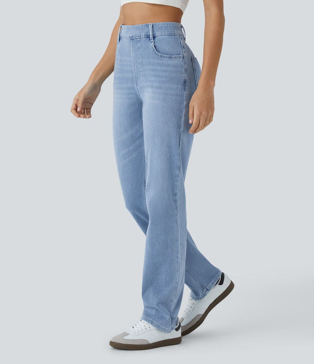Jean droit slim Halara Flex™ taille haute avec multiples poches effet frais InstantCool en maille denim extensible délavée