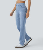 Jean droit slim Halara Flex™ taille haute avec multiples poches effet frais InstantCool en maille denim extensible délavée