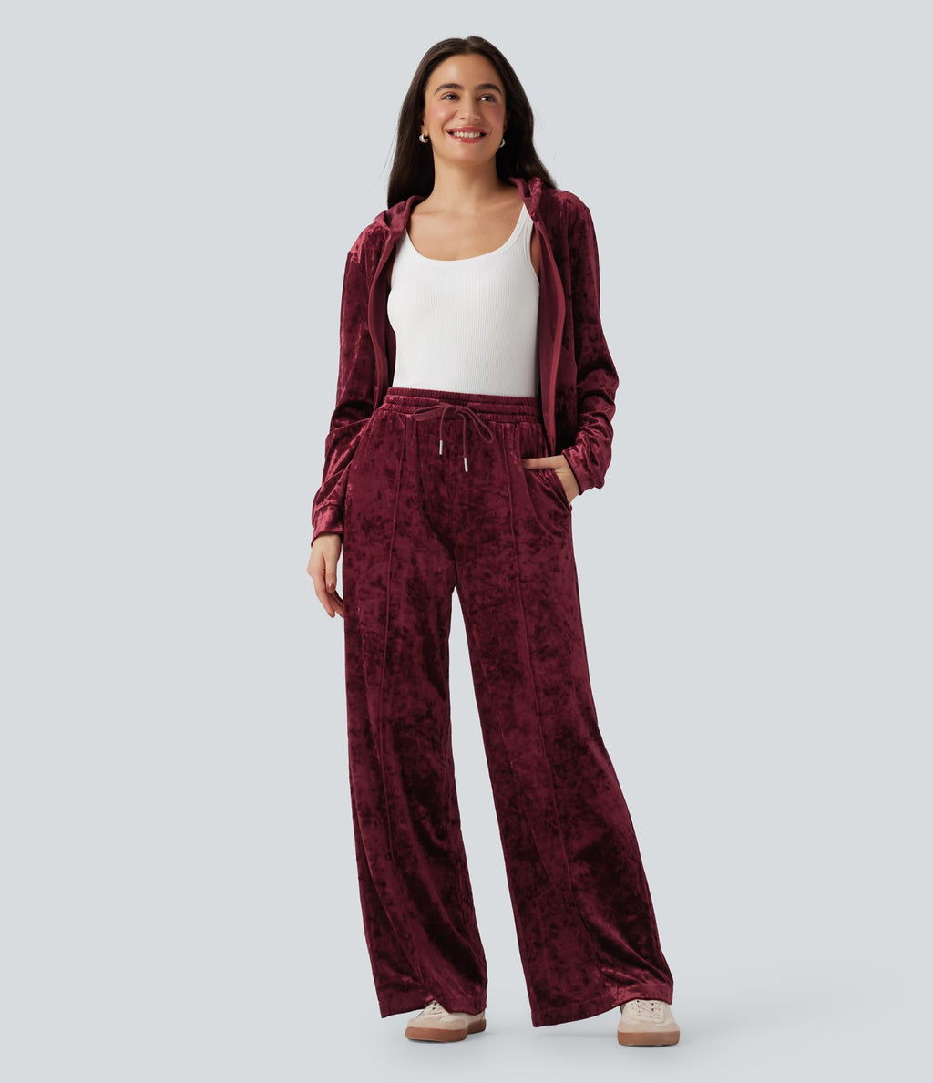 Pantalon décontracté velours jambe large taille mi-haute avec cordon de serrage et poches