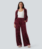 Pantalon décontracté velours jambe large taille mi-haute avec cordon de serrage et poches