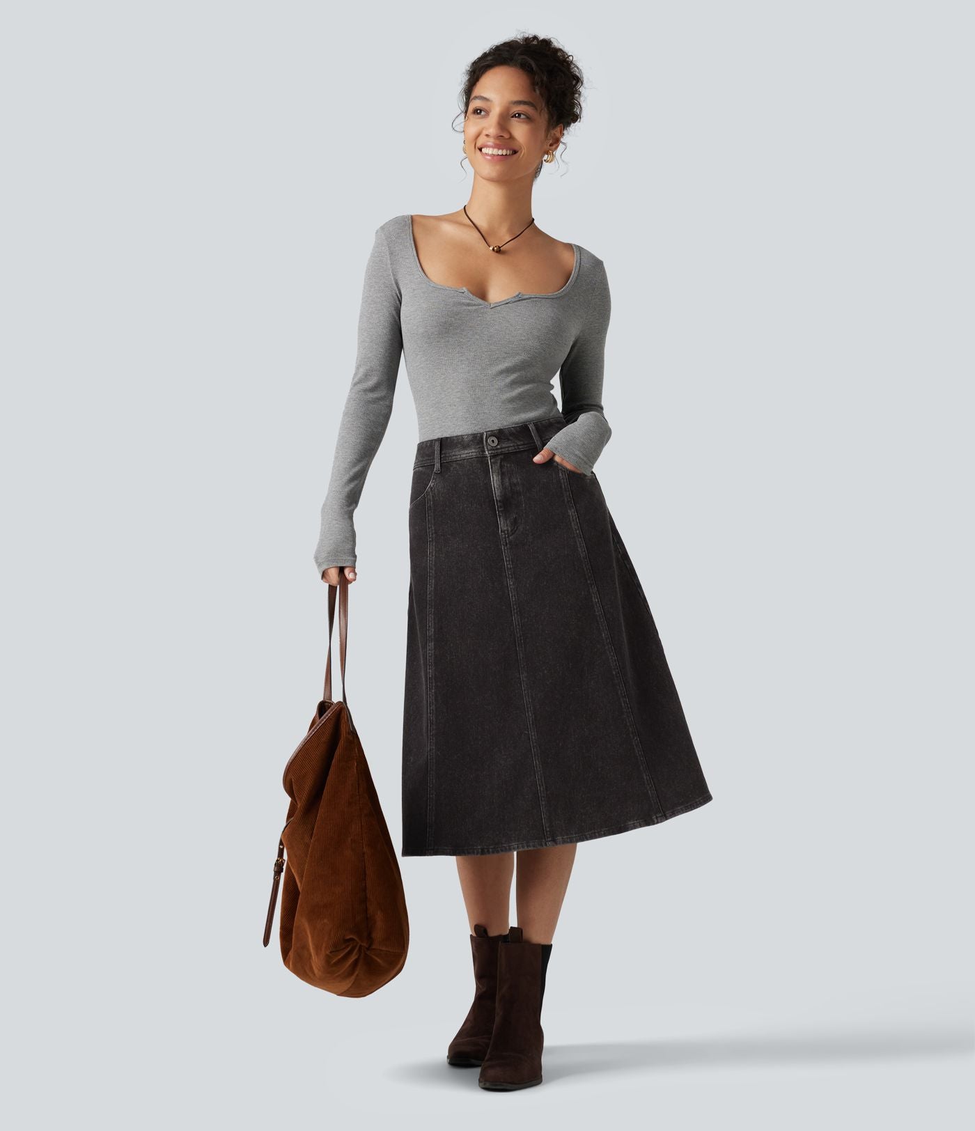 Jupe en jean midi casual Halara Flex™ taille mi-haute avec poches