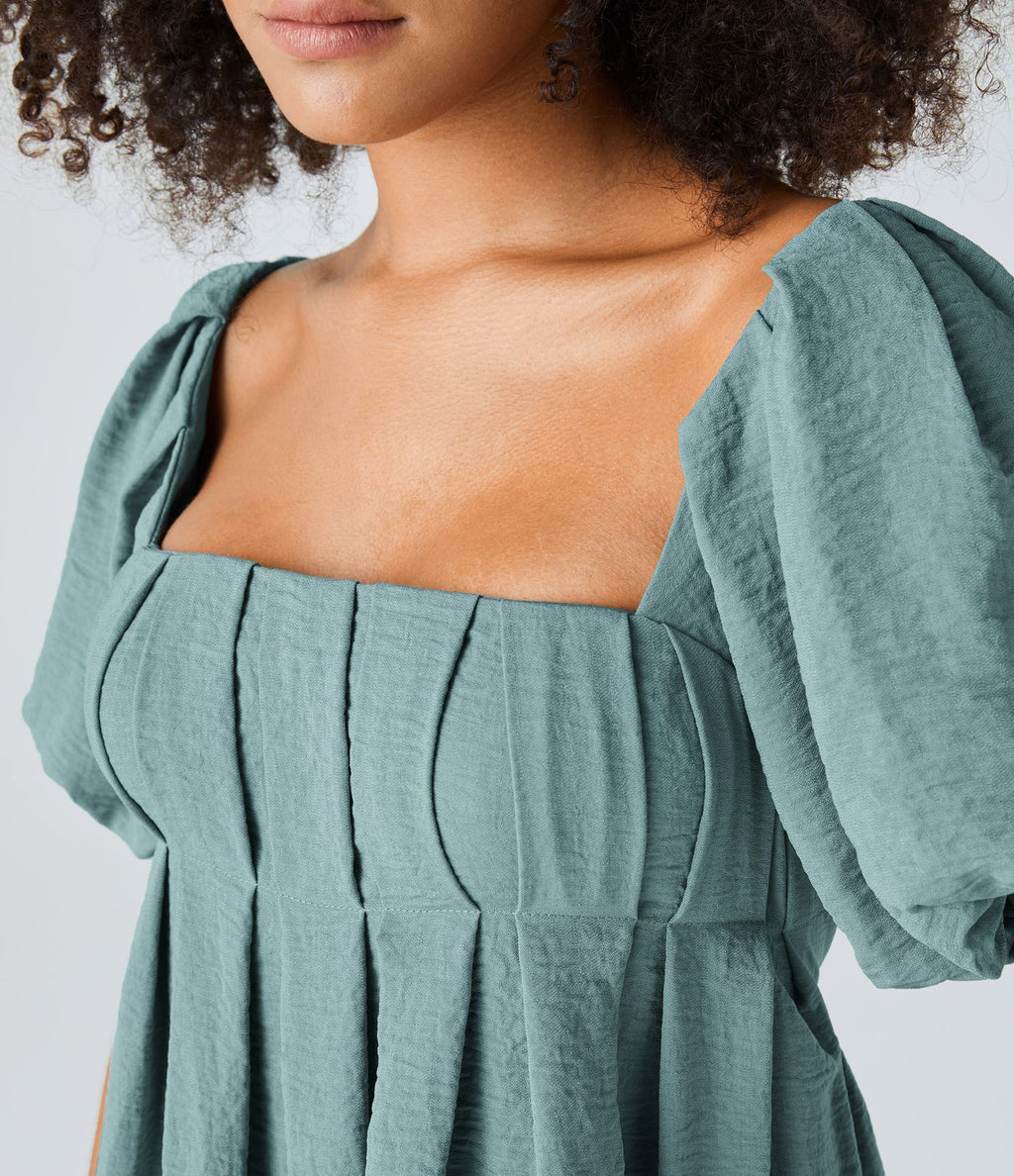Robe Babydoll Casual Col Carré Dos Nu avec Lacets Manches Bouffantes Poches Latérales et Effet Lin