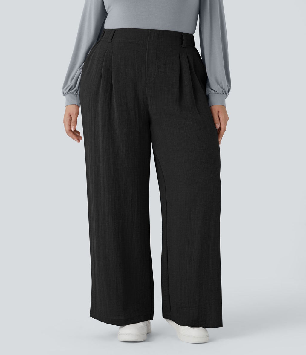 Pantalon décontracté palazzo large effet lin, taille haute, grande taille, avec poches