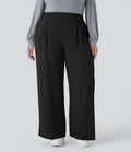 Pantalon décontracté palazzo large effet lin, taille haute, grande taille, avec poches