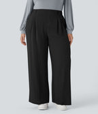Pantalon décontracté palazzo large effet lin, taille haute, grande taille, avec poches