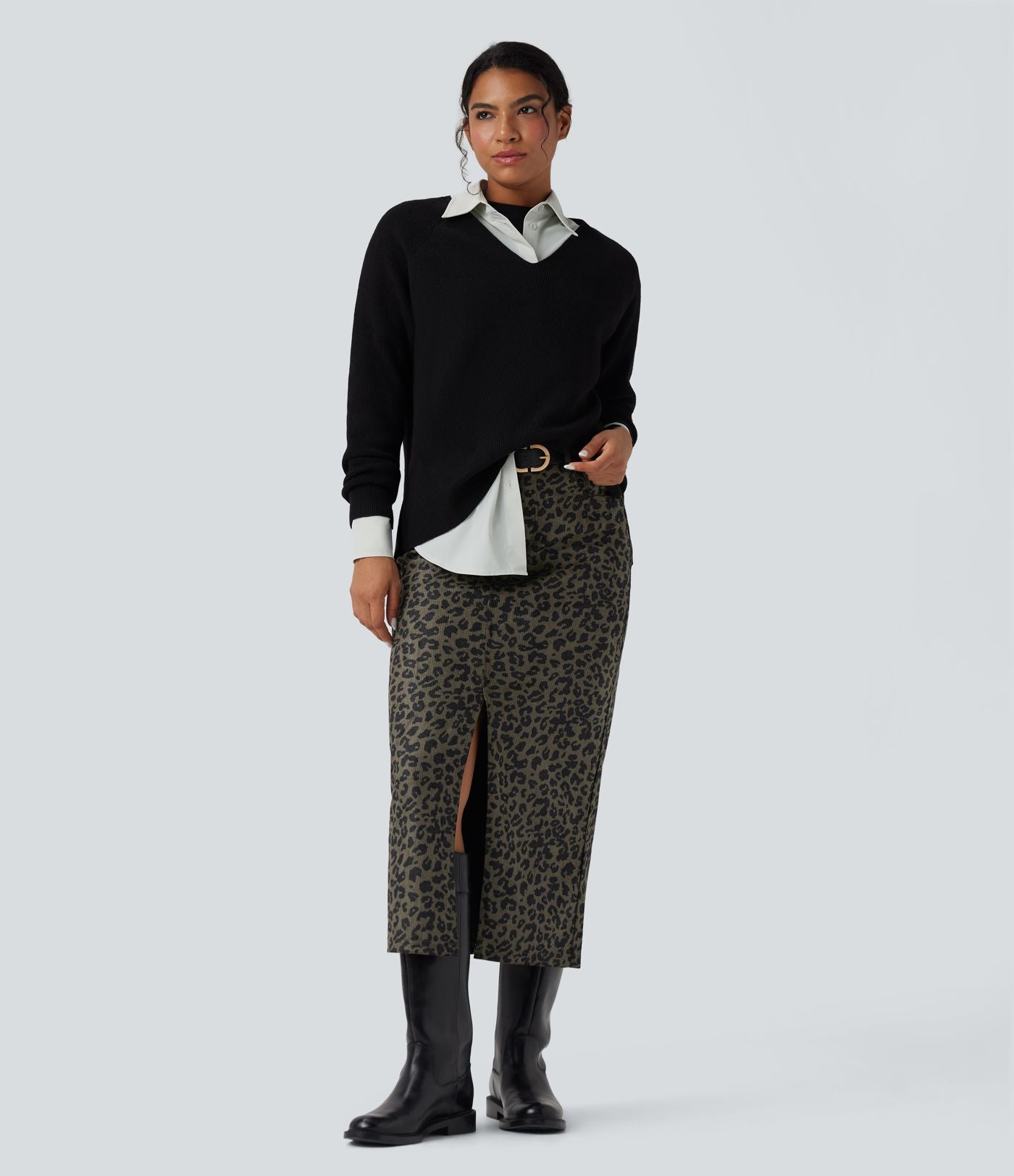 Jupe mi-longue décontractée imprimé léopard taille mi-haute avec poches
