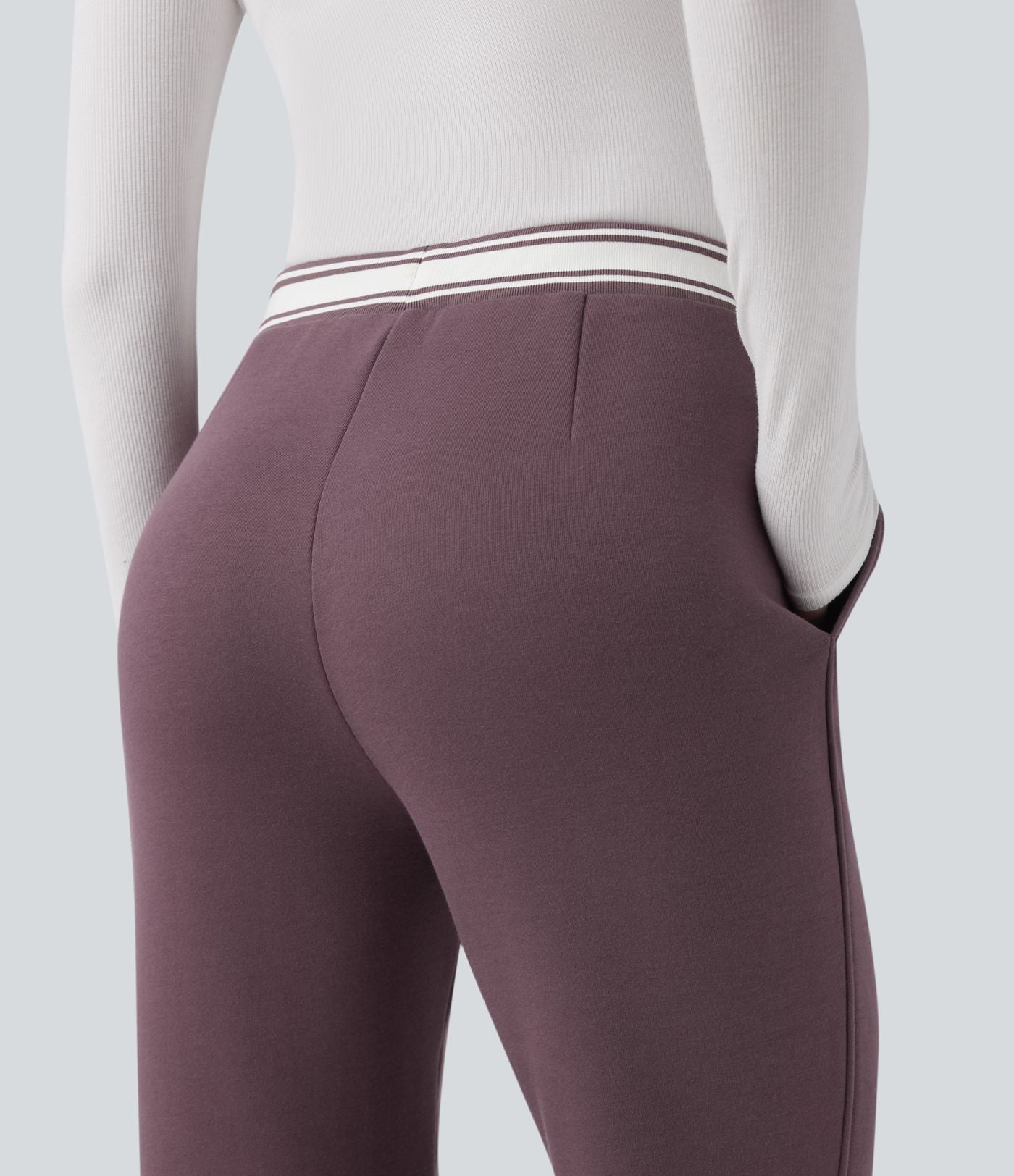 Pantalon jogging évasé molleton coton taille haute avec cordon de serrage, poches, empiècements contrastés et ourlet fend