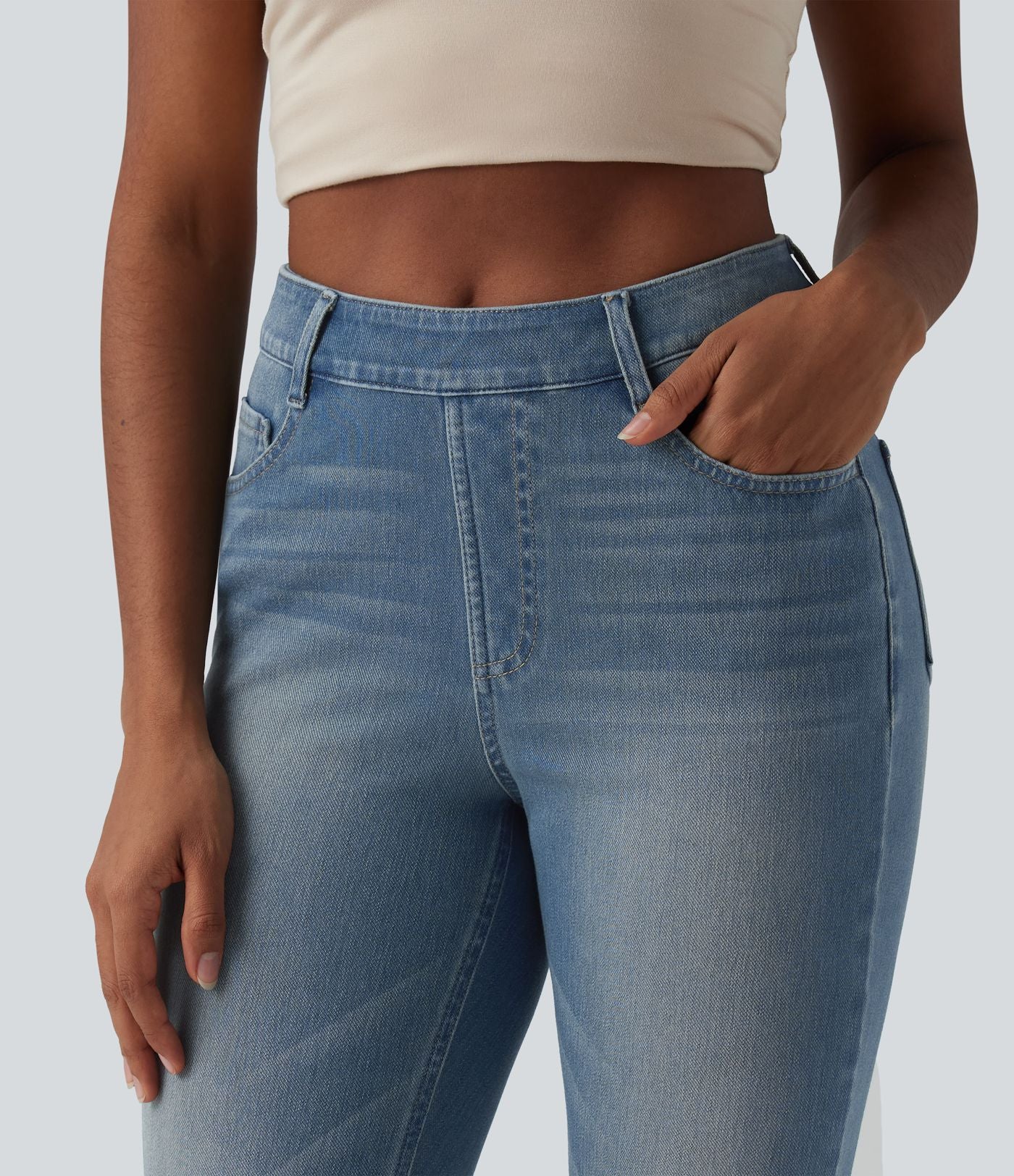 Halara Flex™ Jeans bootcut Casual Taille Haute Multiples Poches Lavés Élastiques et Tricotés Coupe