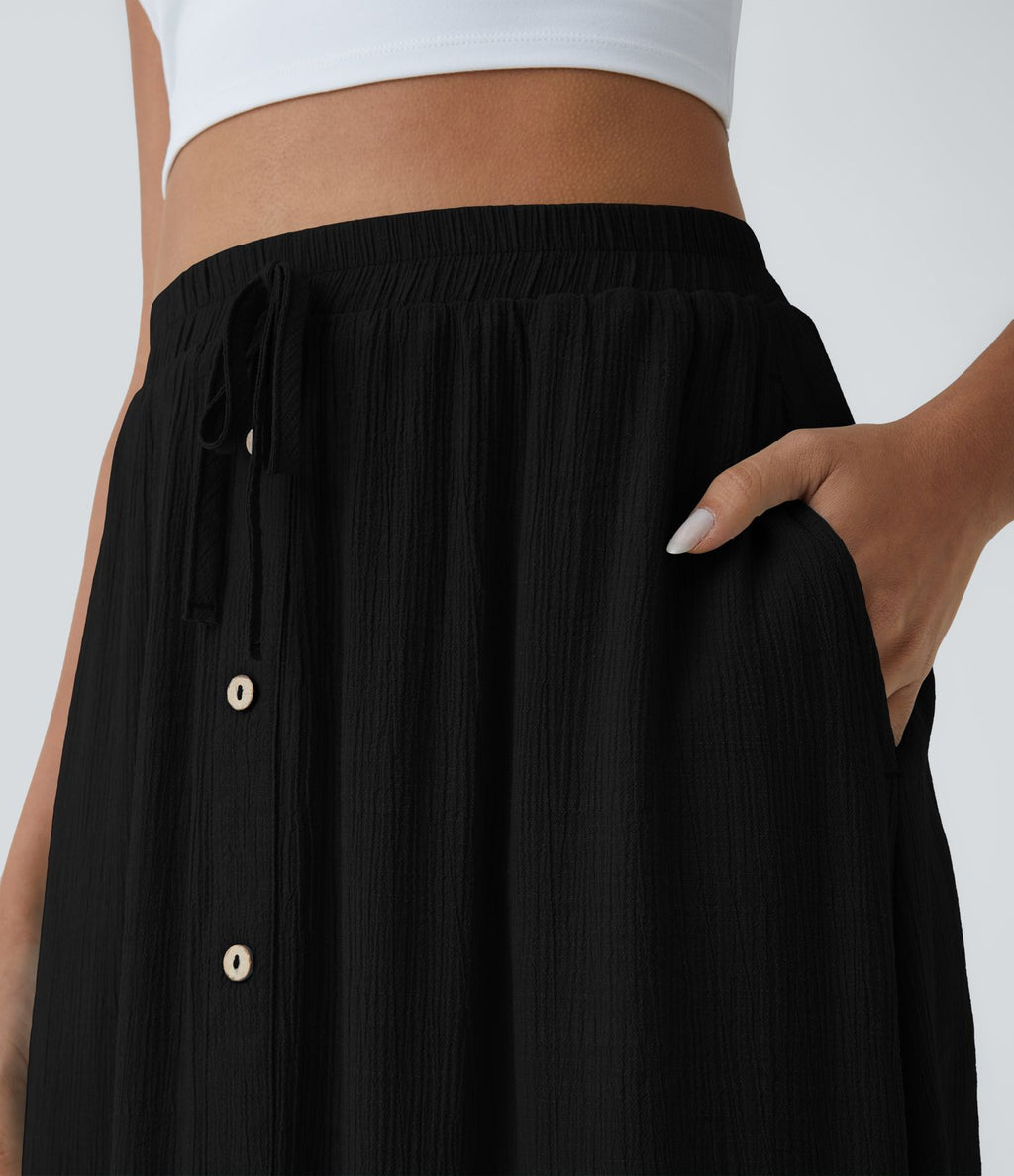 Jupe Midi Fluide Taille Haute Cordon de Serrage Boutonnés Poches Latérales