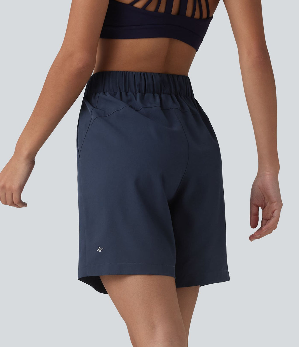 Short de yoga plissé taille haute avec ceinture élastique, cordon de serrage et poches 17,5 cm
