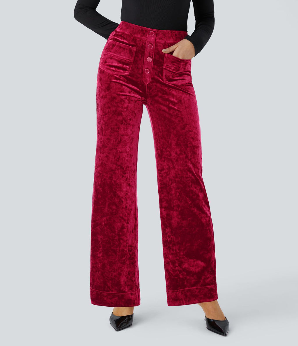 Pantalon en Velours Taille Haute avec Bouton Multipoches Droites