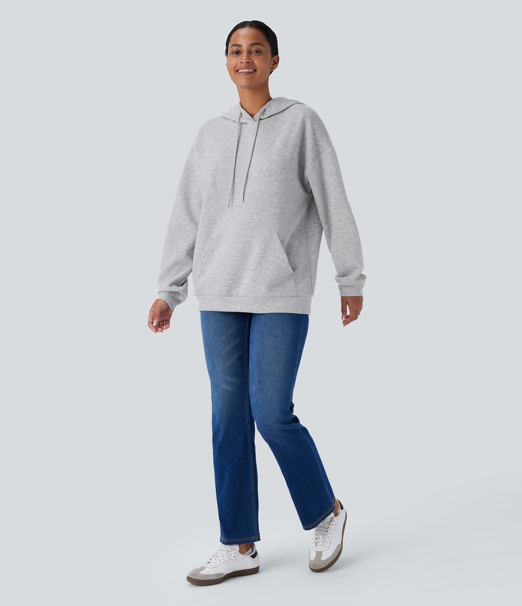Sweat-shirt décontracté à capuche avec cordon de serrage, manches longues, poche kangourou, coupe croisée et fente