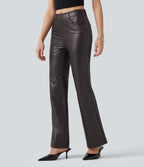 Pantalon bootcut taille mi-haute en simili stretch avec poches