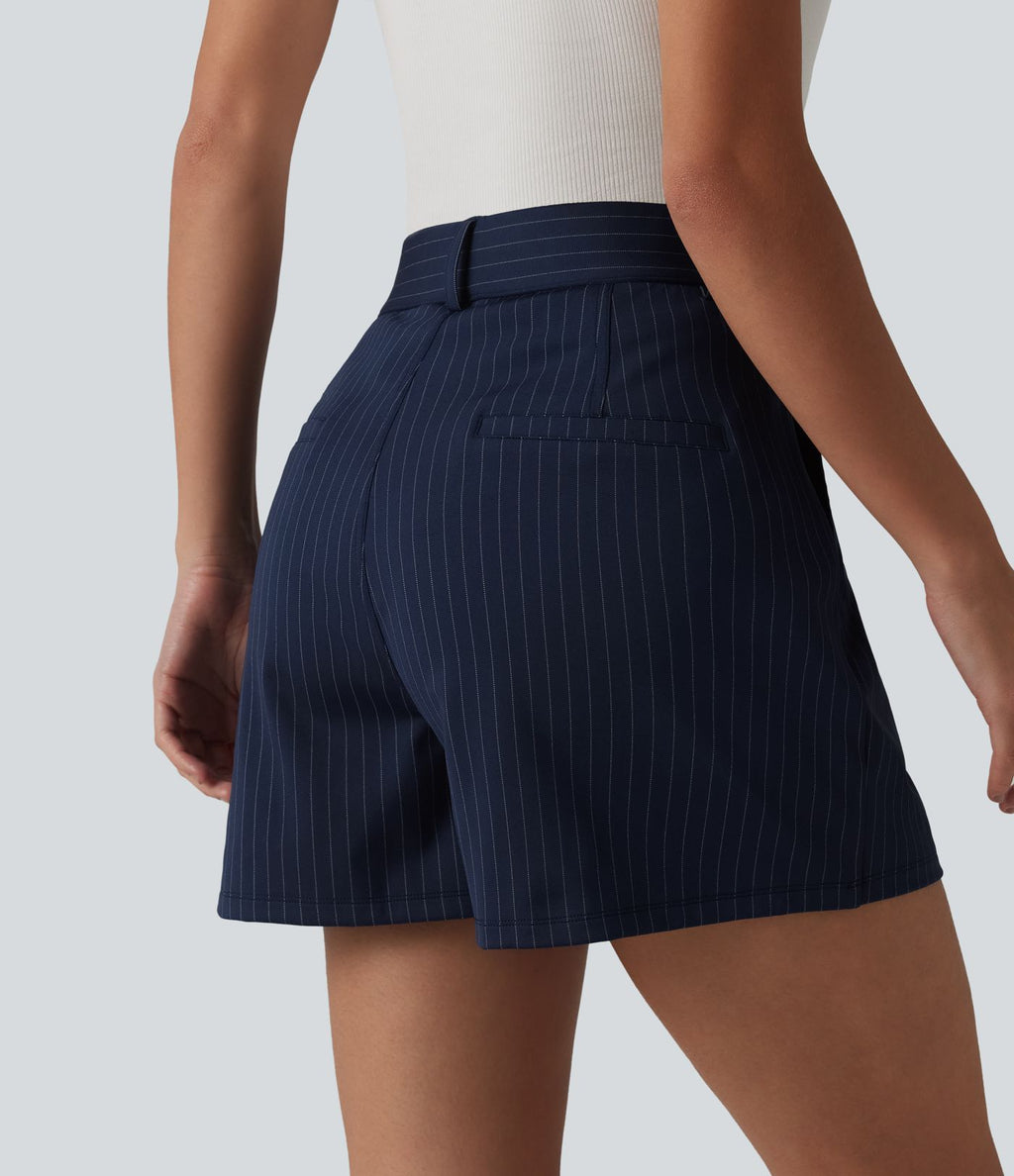Short tailleur ample à rayures plissées taille haute avec poches