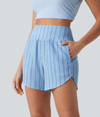 Short casual taille haute ourlet arrondi rayures avec poches