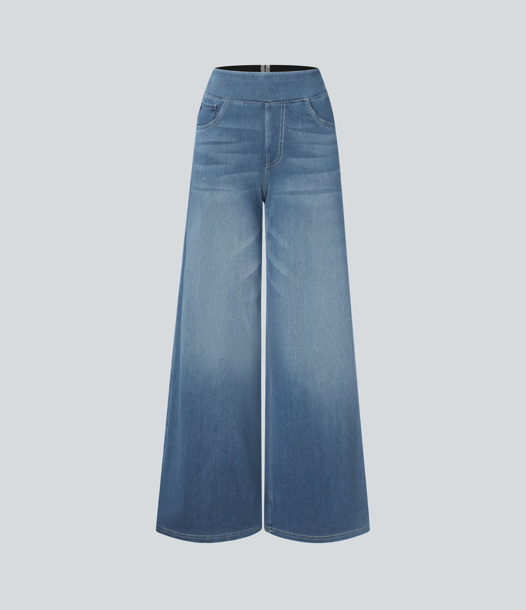Halara Flex™ Jean Large Casual Taille Haute Poches Multiples Tricot Extensible Délavé