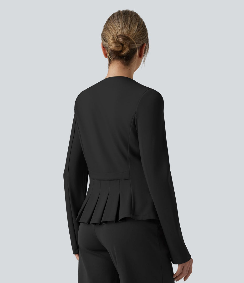 Blazer de travail col rond boutons décoratifs ourlet plissé