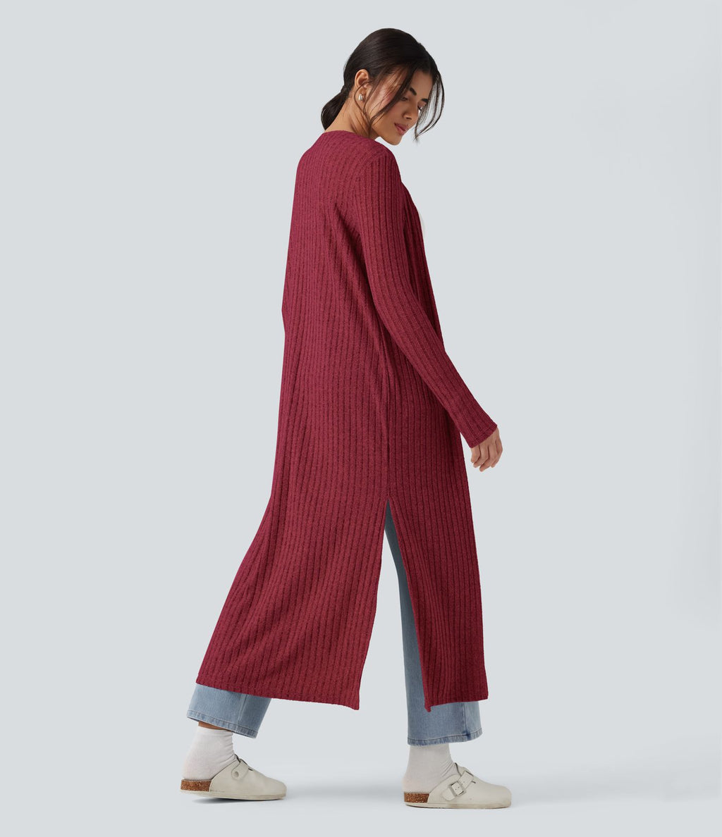 Manteau long décontracté maille côtelée manches longues avec fente