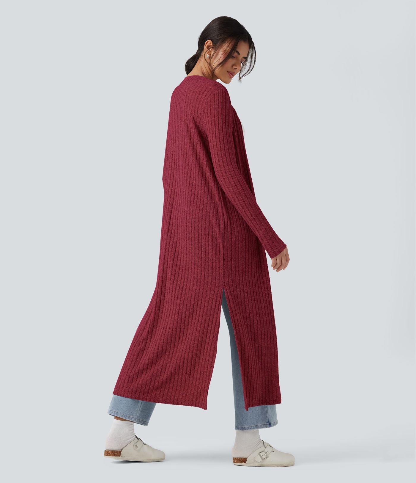Manteau long décontracté maille côtelée manches longues avec fente