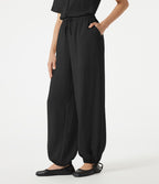 Pantalon barrel de bureau taille haute en mélange de lin avec short intégré et poches