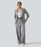 Pantalon tailleur droit taille haute aspect lin avec poches