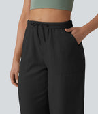 Pantalon large fluide décontracté taille haute en lyocell et lin mélangé avec cordon de serrage intérieur et poches