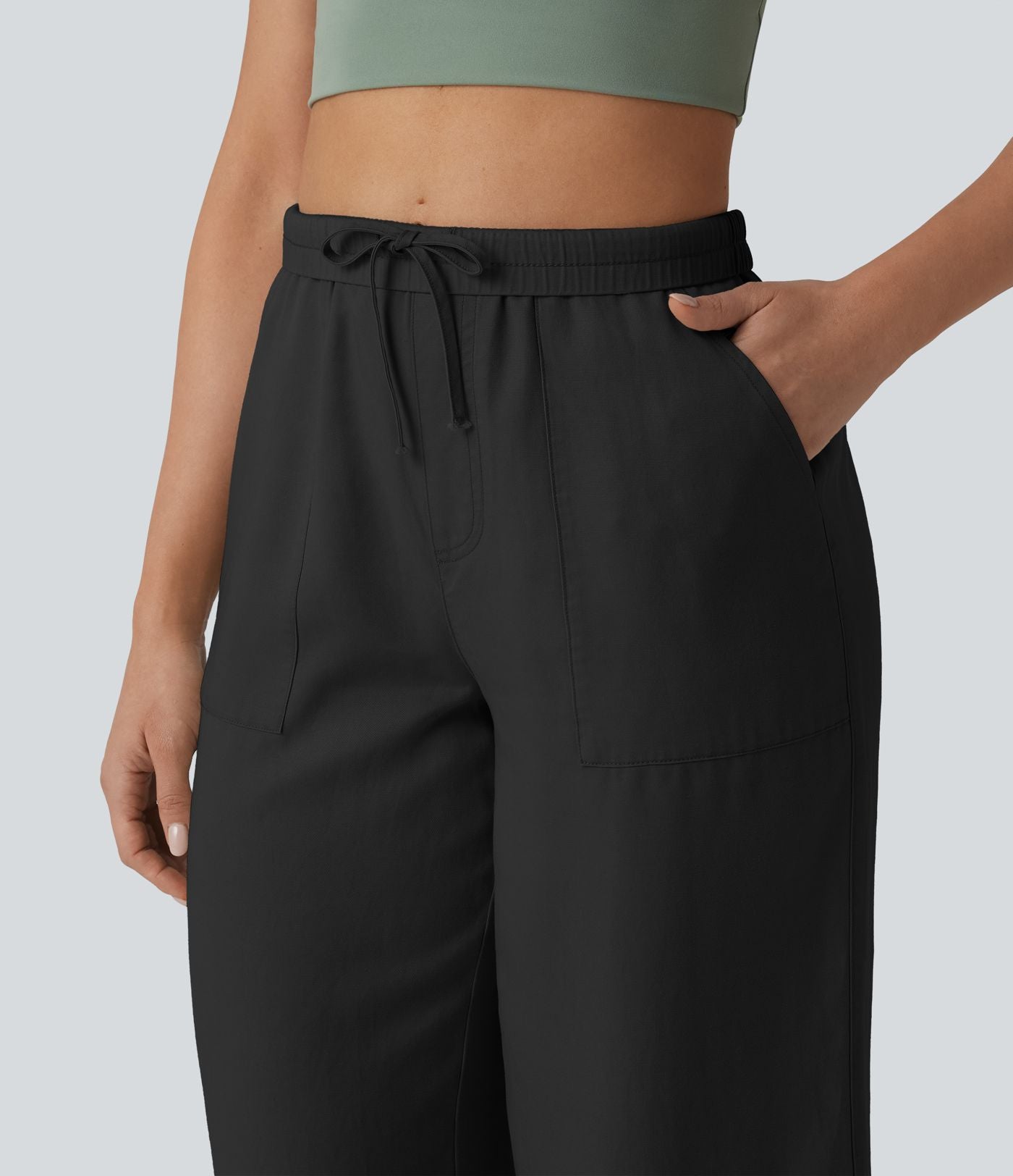 Pantalon large fluide décontracté taille haute en lyocell et lin mélangé avec cordon de serrage intérieur et poches