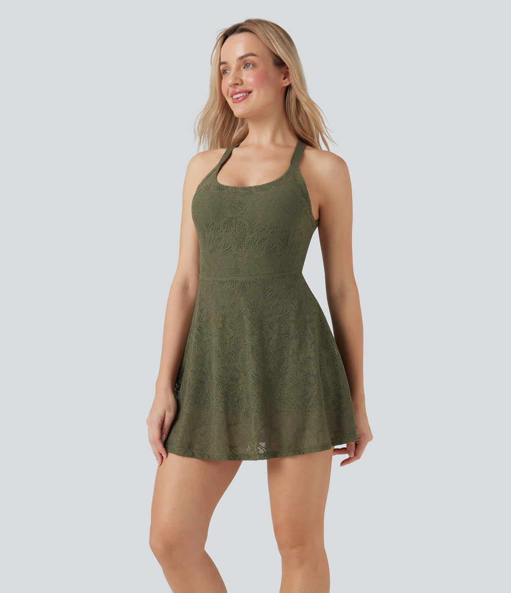 Robe-short 2-en-1 mini de danse active avec dos nu, détail torsadé, dentelle et poches-Easy Peasy
