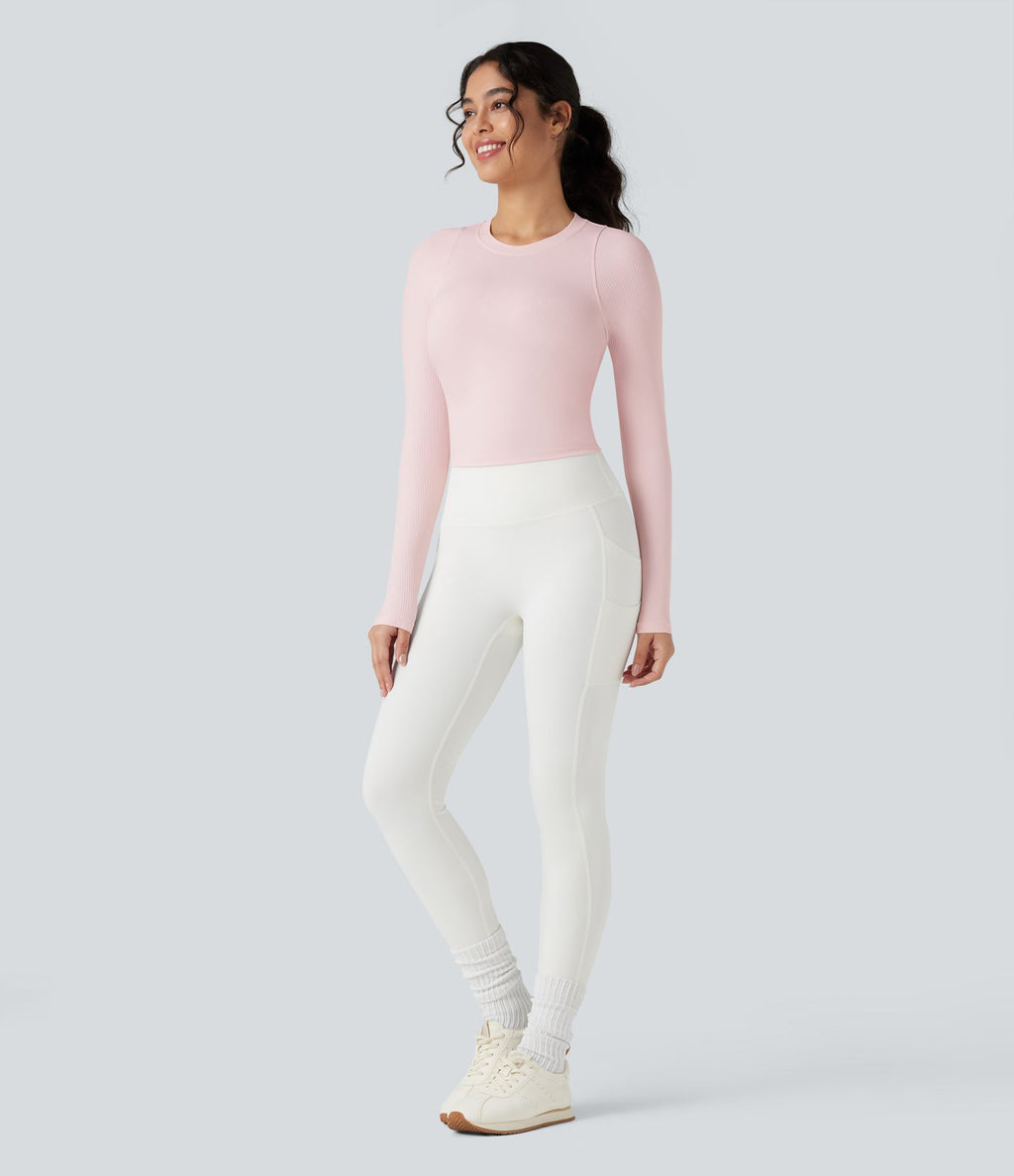 Top de sport yoga ajusté côtelé maille col rond manches longues