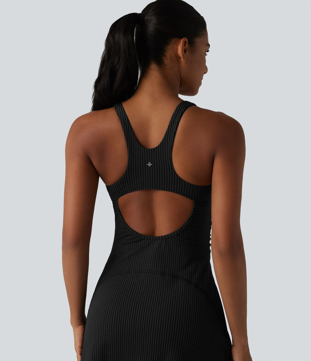 Robe sport mini de tennis 2 pièces à col U, soutien-gorge intégré, rayures, séchage rapide et poches - UPF40+