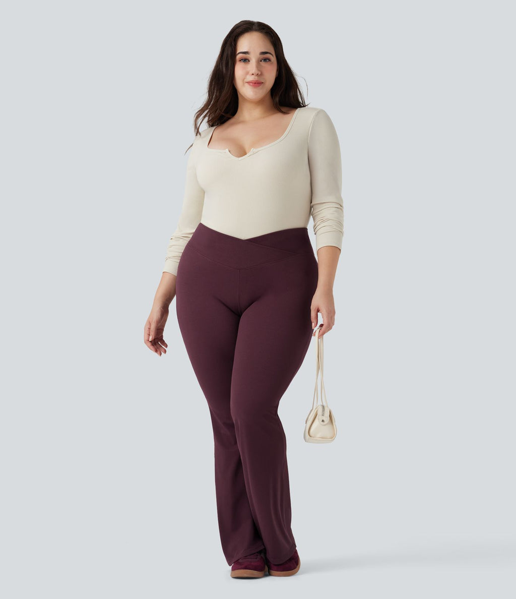 Pantalon décontracté grande taille croisé, évasé en maille gaufrée, taille haute, avec poches