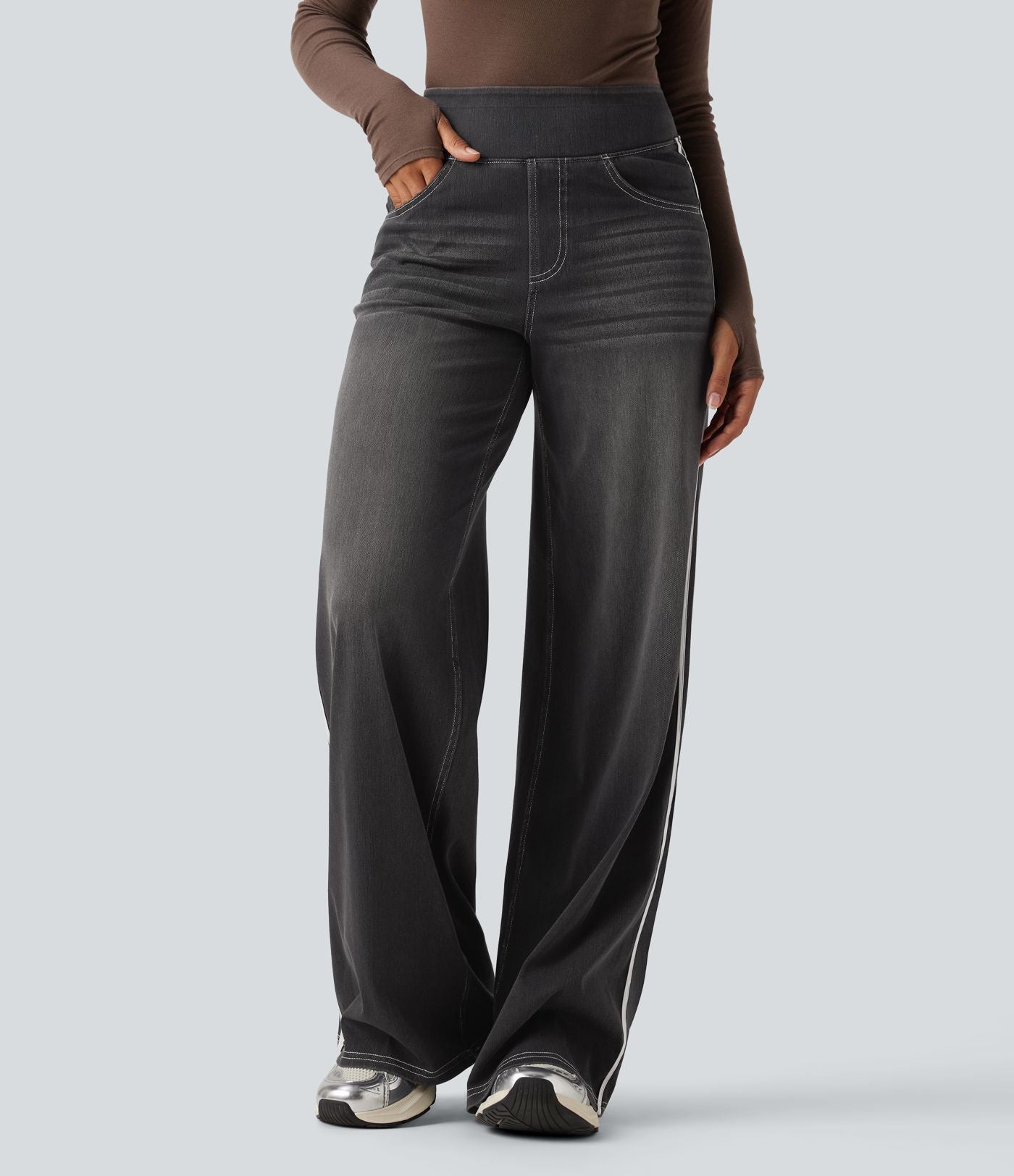 Halara Flex™ Jean large fluide délavé taille haute à rayures avec poches