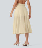 Jupe Casual Évasée Mesh Mi-Longue Fuide 2 en 1 Contrastée Taille Haute Cordon Poche Latérale