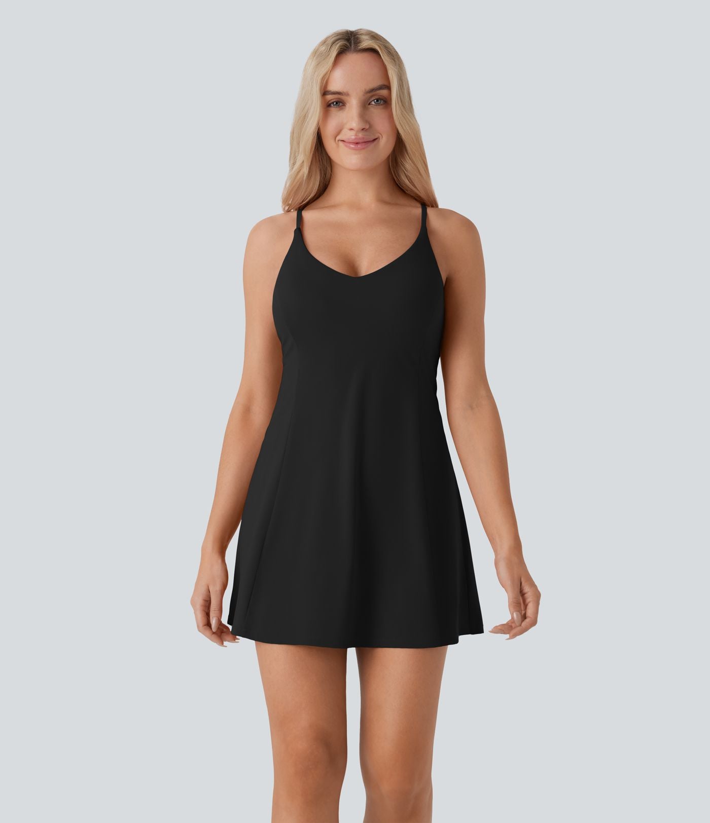 Softlyzero™ Airy Robe de danse courte évasée dos-nu 2-en-1 avec dos nageur, bretelles ajustables et poches latérales - Édition Easy Peasy