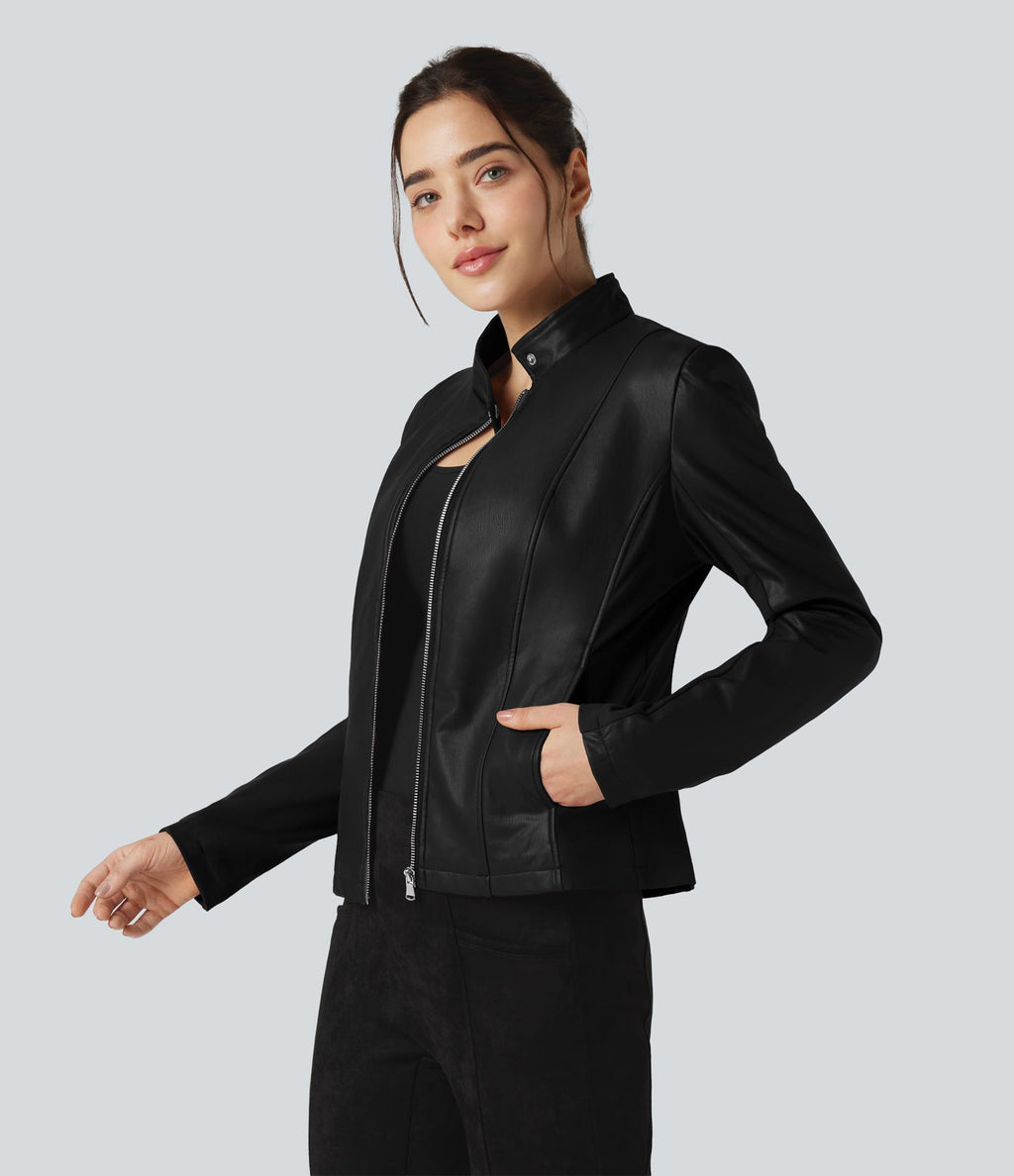 Veste polaire tissu enduit col montant zippée à manches longues avec poches