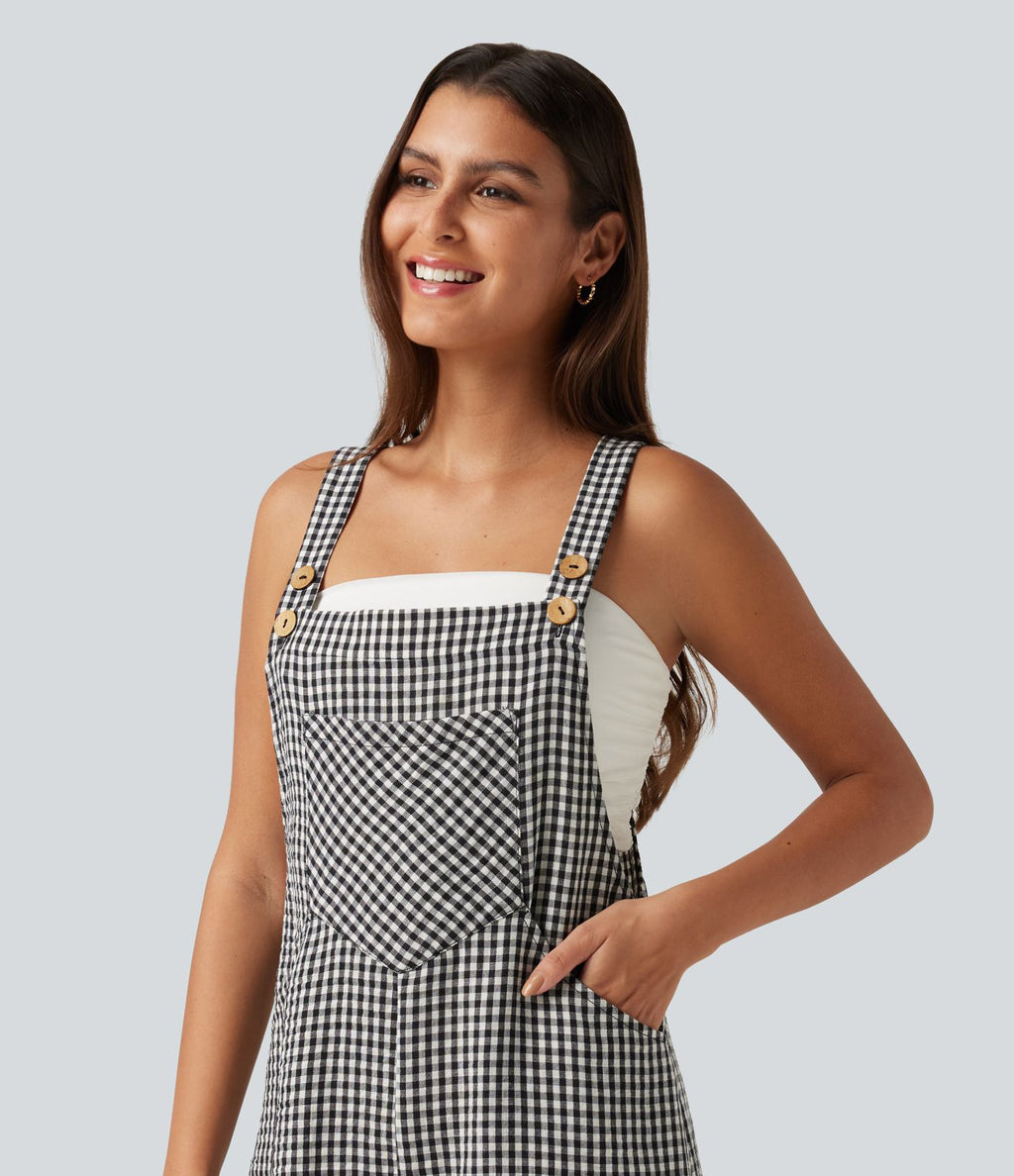 Salopette-short casual effet lin à carreaux avec poches