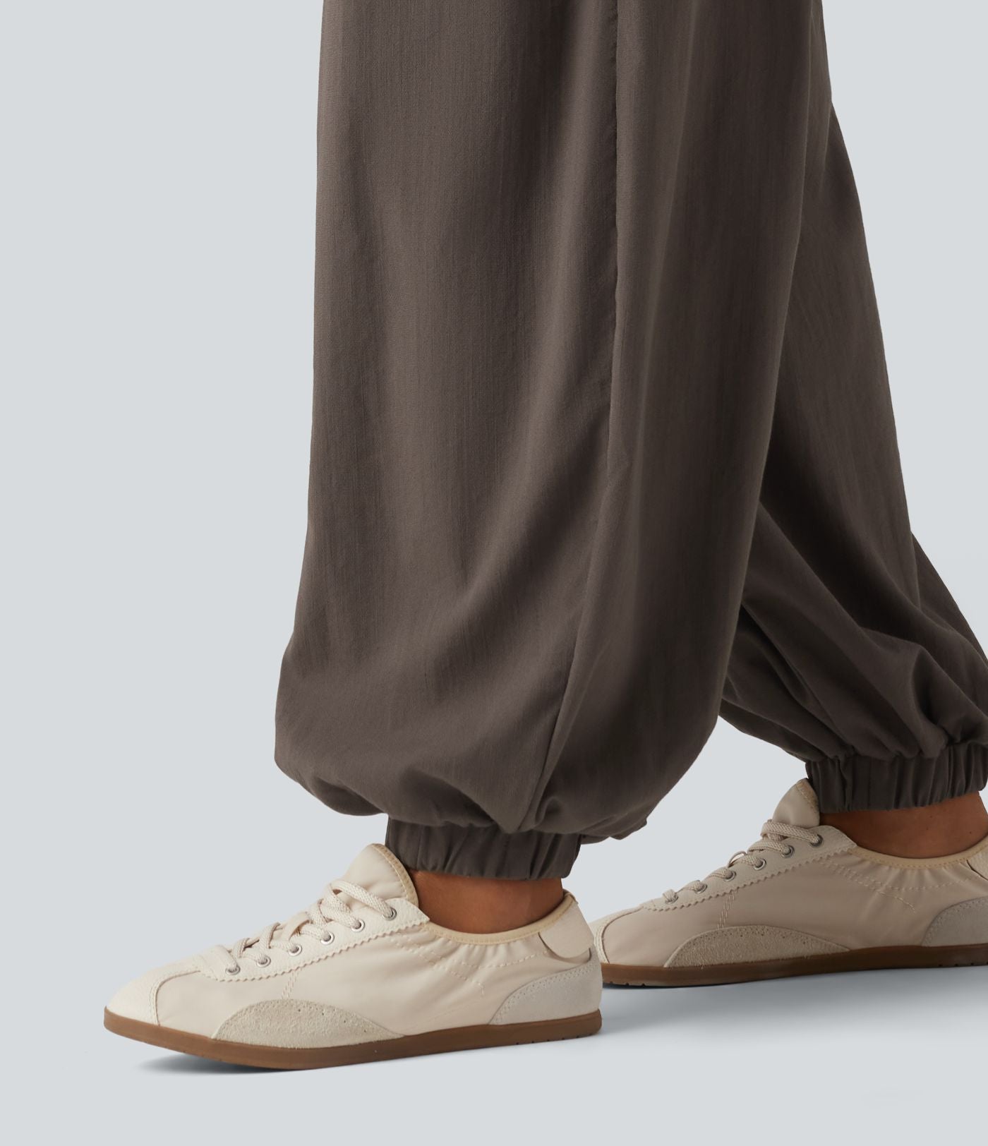 Jogging baggy taille haute effet lin froncé avec poches