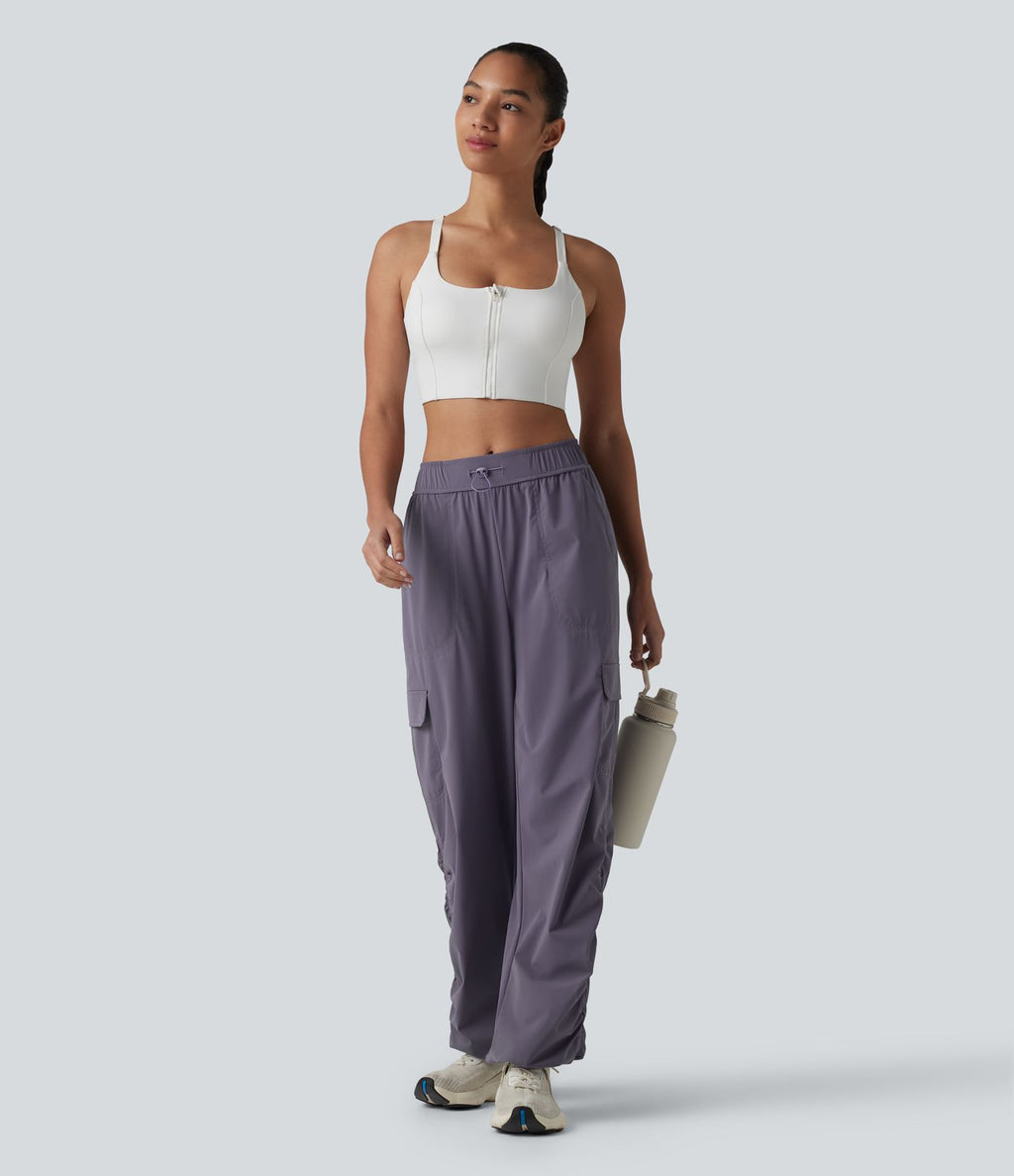 Jogging cargo de course taille mi-haute ajustable avec cordon de serrage, froncé, séchage rapide et poches