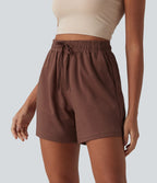 Short casual ample coton séchage rapide taille haute à cordon de serrage et ourlet fendu avec poches