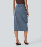 Halara Flex™ Jupe en Jean midi délavé taille haute avec zip dos, effet drapé et ourlet tulipe