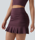 Jupe-short mini moulante décontractée ventre plat 2-en-1 froncée ourlet à volants taille haute