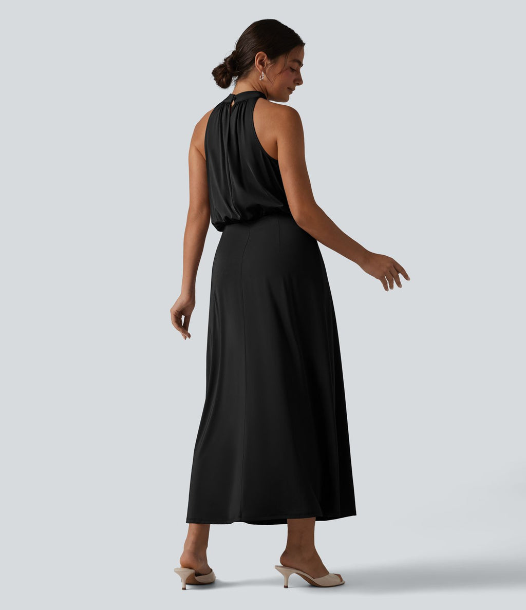 Robe midi col cheminée sans manches dos découpé extensible aspect satiné effet frais InstantCool