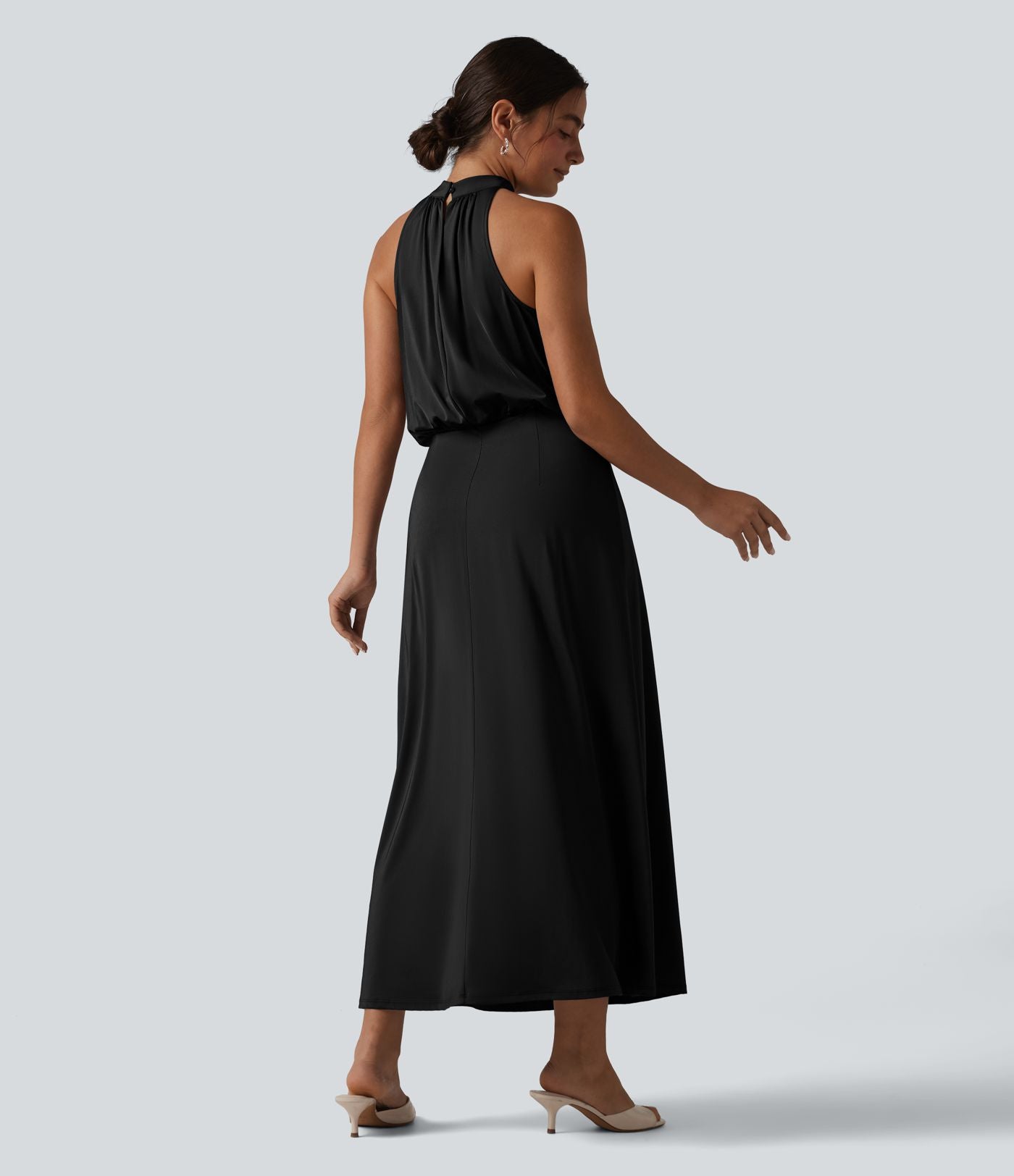 Robe midi col cheminée sans manches dos découpé extensible aspect satiné effet frais InstantCool