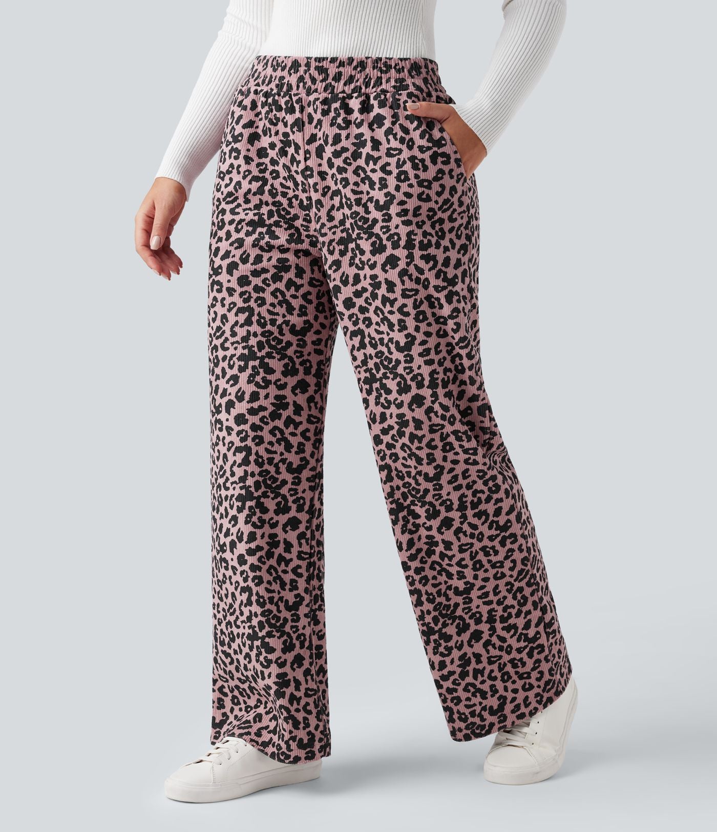Pantalon léopard ample décontracté velours côtelé imprimé taille haute avec poches