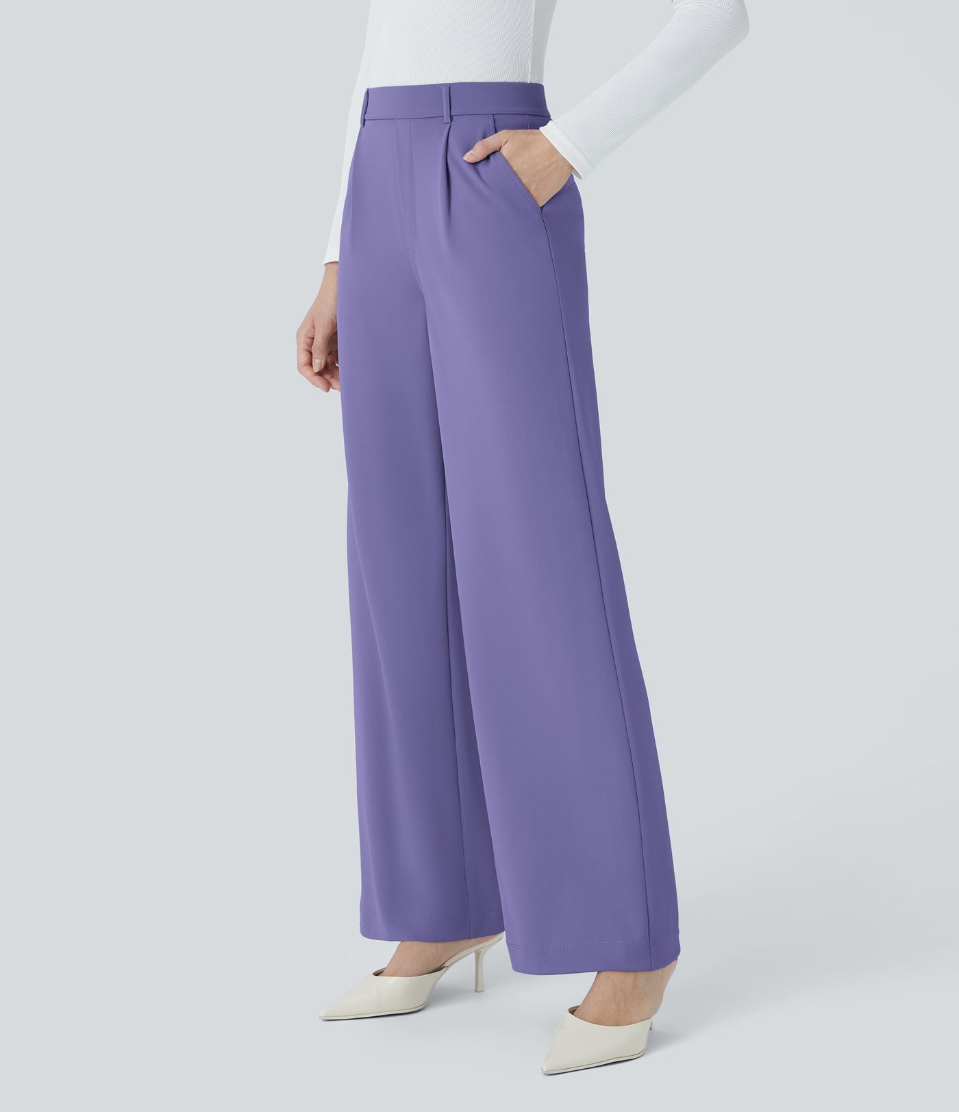 Halara Flex™ Pantalon Tailleur Droit à Taille Haute avec Pli Poches Latérales en Crêpe