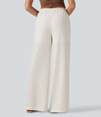 Pantalon large fluide casual 2 en 1 taille mi-haute avec cordon de serrage, dentelle contrastante, poches et aspect lin