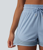 Short de sport 2 en 1 taille haute, cordon de serrage et œillets, en maille respirante