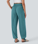 Pantalon de jogging décontracté à taille haute croisée avec poches latérales et cordon de serrage