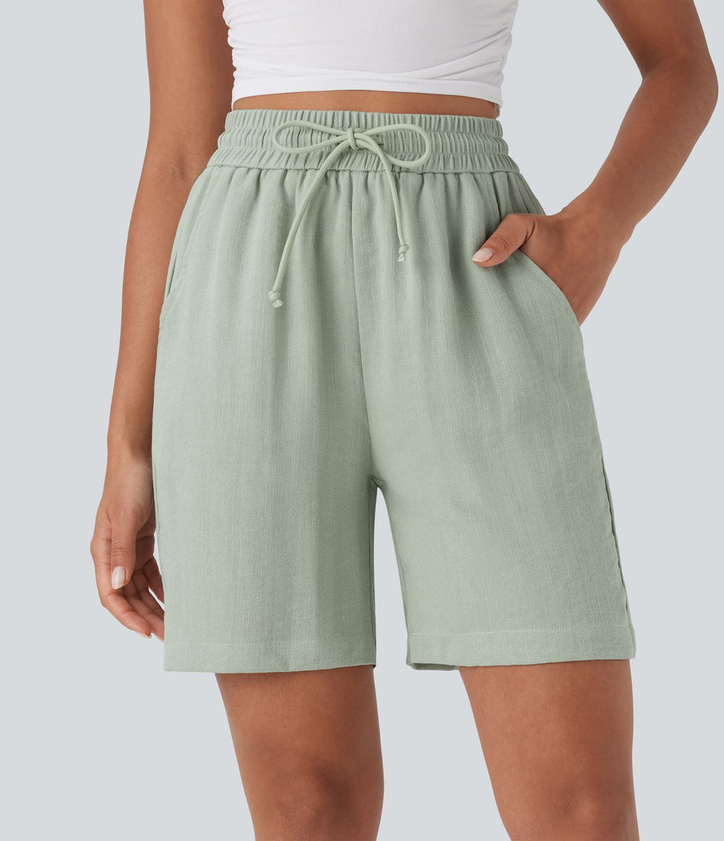 Short décontracté effet lin taille haute avec cordon de serrage et poches latérales
