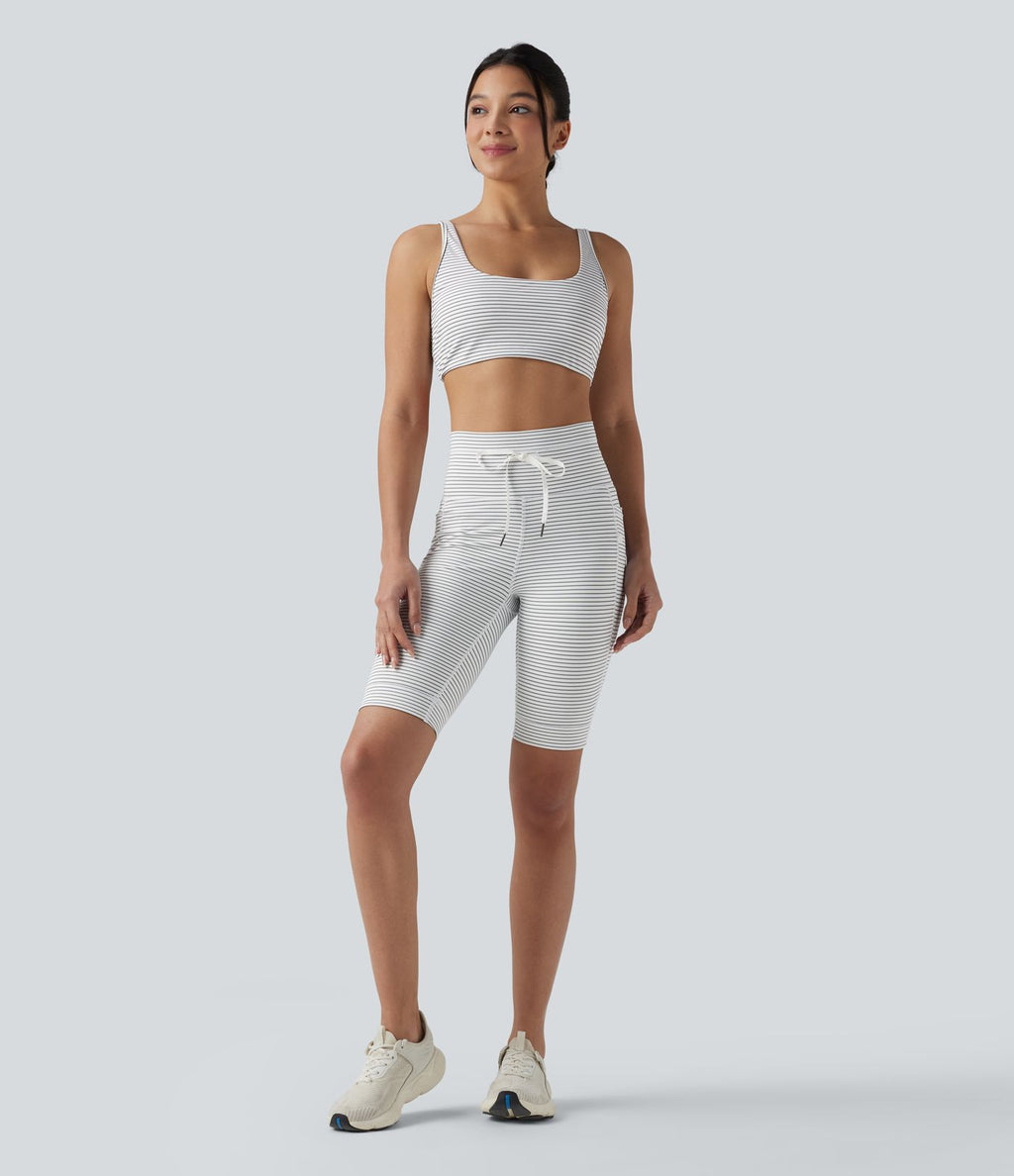 Short cycliste de yoga taille haute à rayures avec cordon de serrage 23 cm et poches